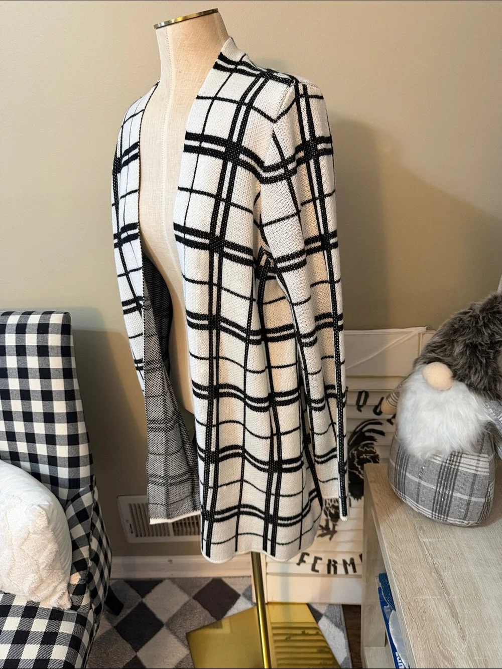 Black & White Windowpane Open Knit Cardigan